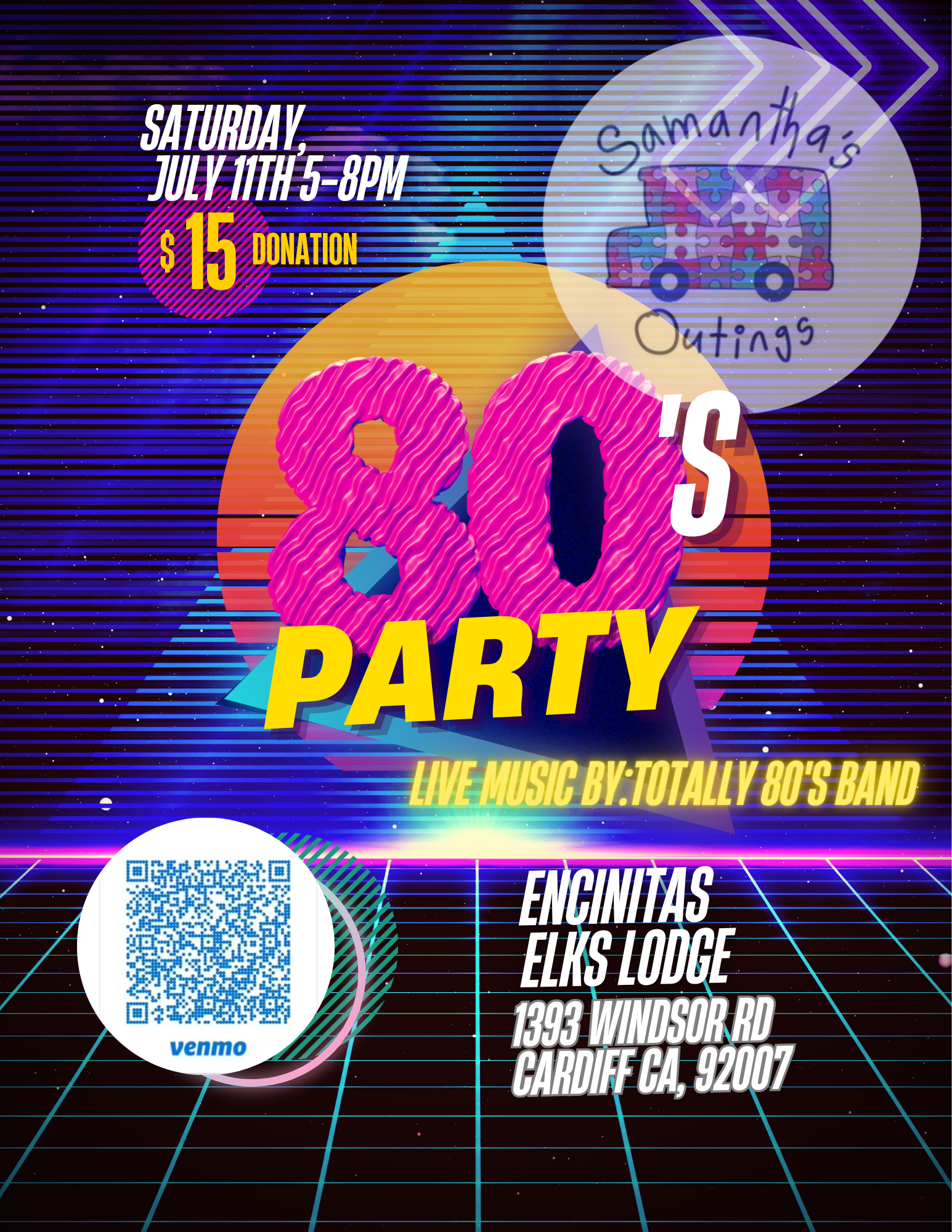80s party flyer with neon yellow text on dark background, retro geometric shapes. July 11 2026, 5-8PM at Encinitas Elks Lodge.