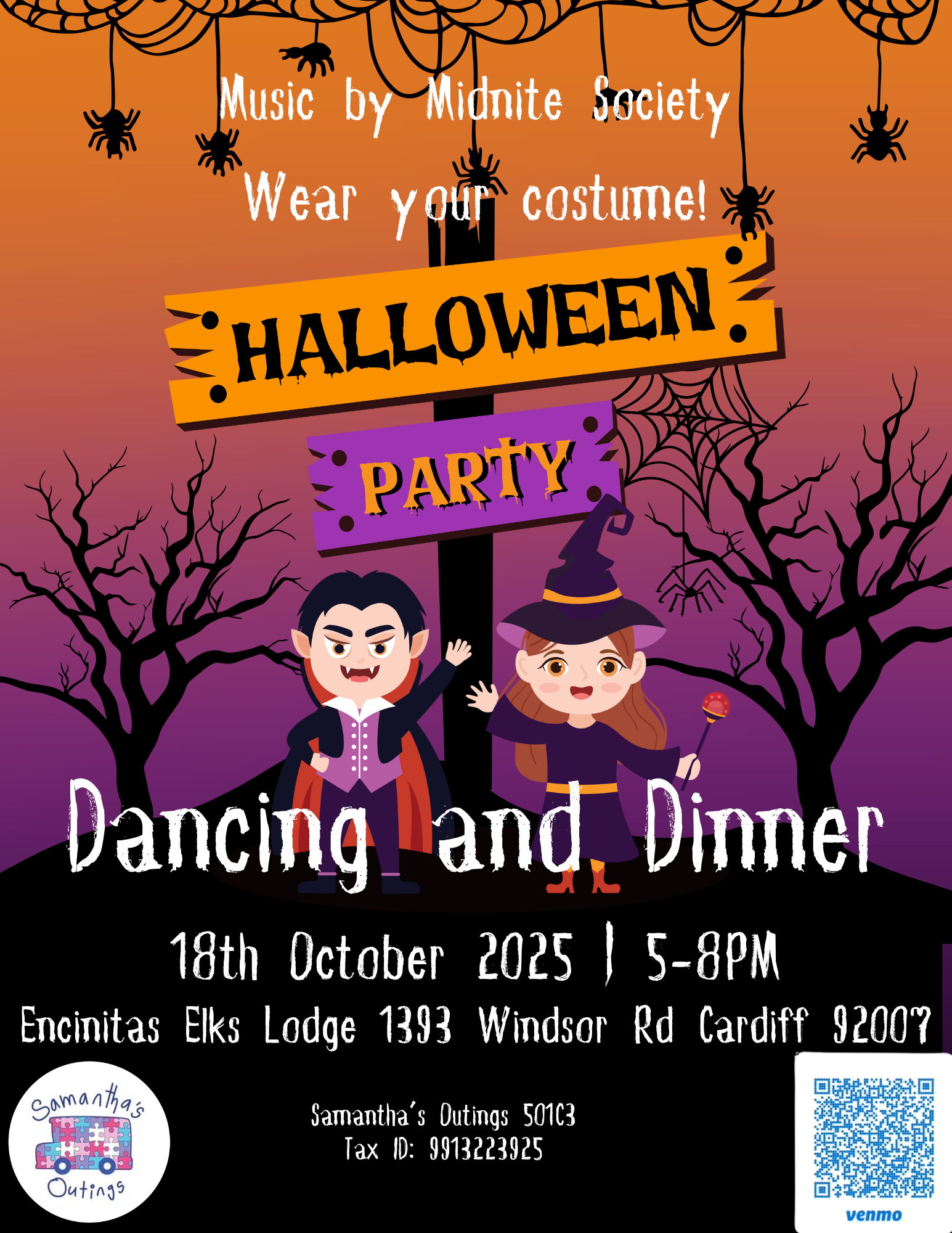 Halloween party flyer with vampire and witch cartoons, bats, and spiders. Includes event details: October 18, 2025, 5-8PM, Encinitas Elks Lodge.
