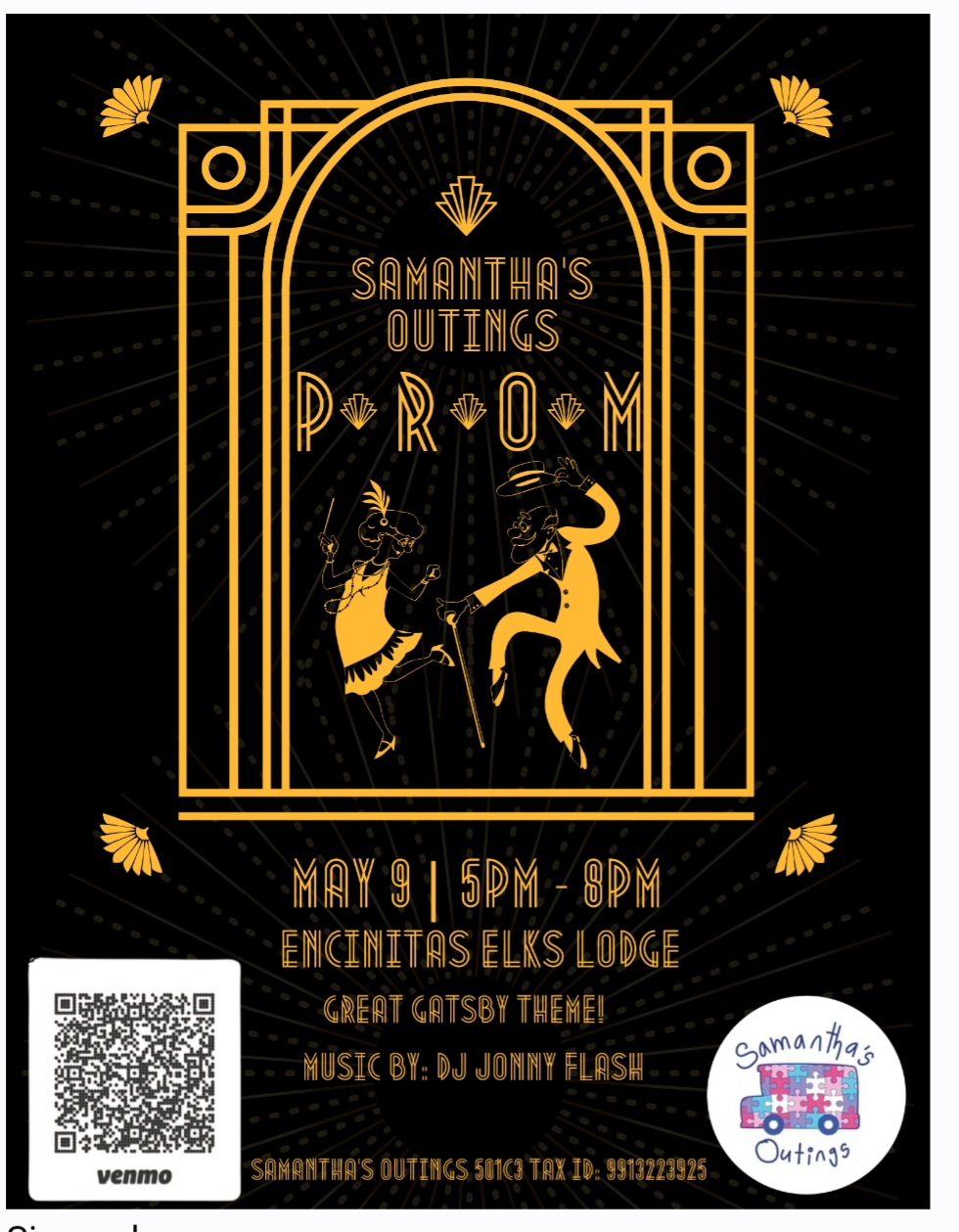 Art Deco prom poster featuring 1920s dancers in gold and black, Great Gatsby theme, May 9 at Encinitas Elks Lodge