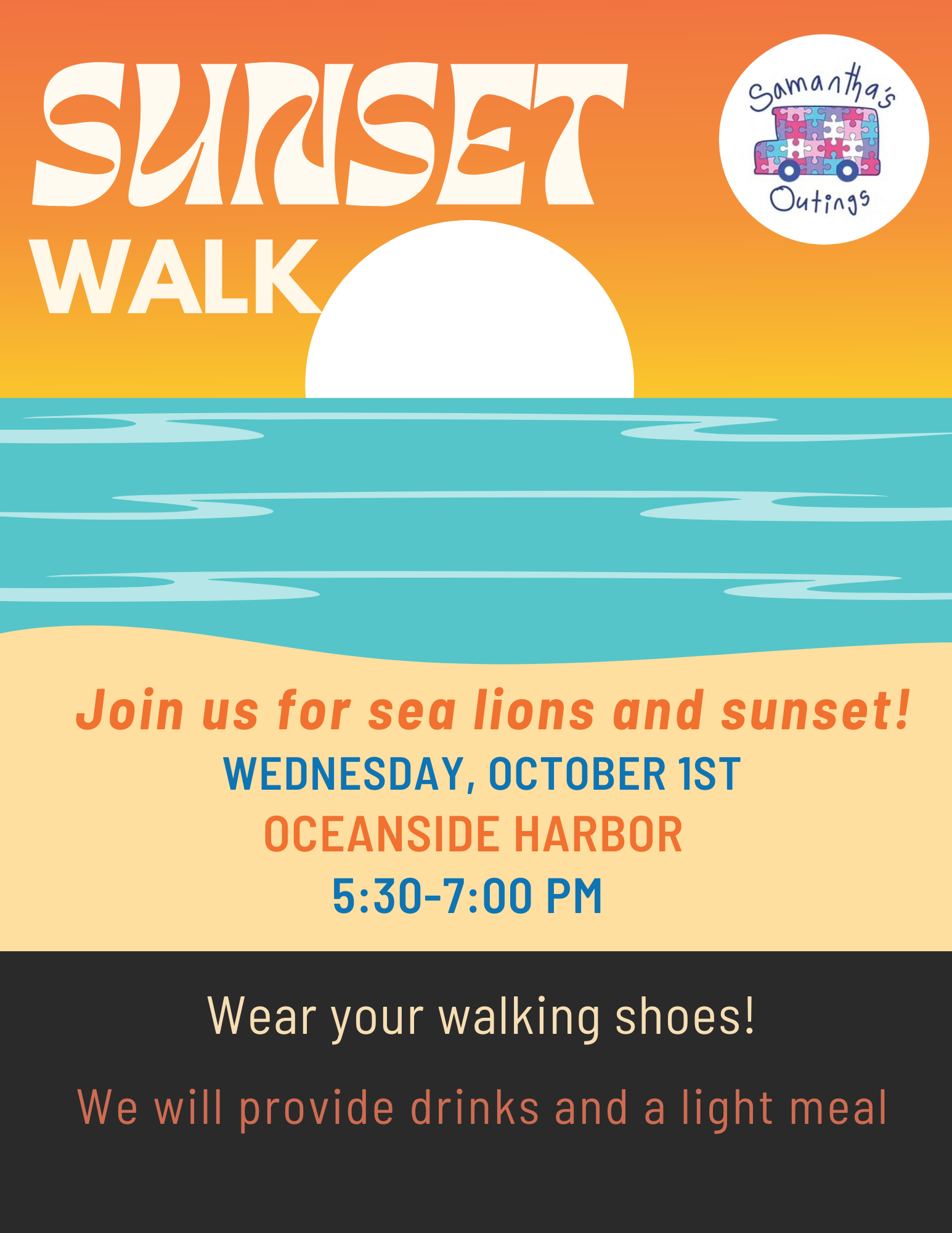 Stylized sunset graphic with bold text 'Sunset Walk.' Event at Oceanside Harbor, October 1st, 5:30-7 PM. Drinks and light meal provided.